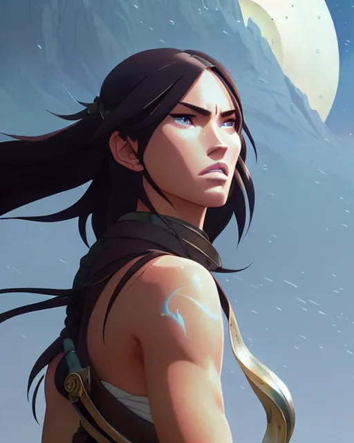 Image similar to azctec warrior, megan fox, detailed perfect face, exquisite details, fire magic, mid view, design on a white background, by studio muti, greg rutkowski makoto shinkai takashi takeuchi studio ghibli