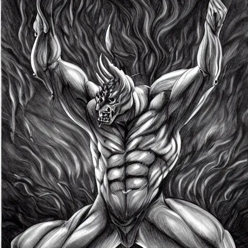 Image similar to full body grayscale drawing by Anato Finnstark of muscled horned humanoid beast, swirling flames