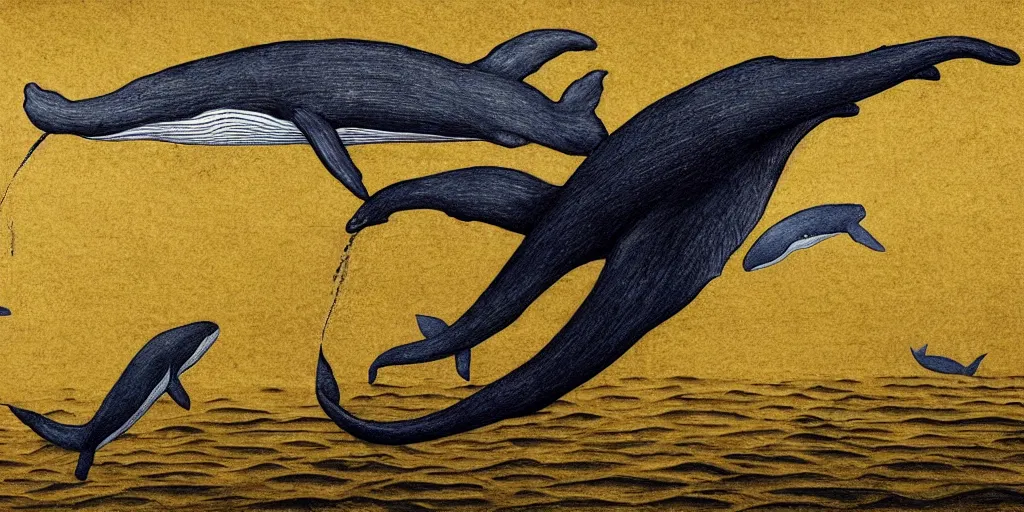 Prompt: realistic scene of whales, golden, delicate, hyper realism, 1 4 5 0, ink, ultra realistic, 8 k