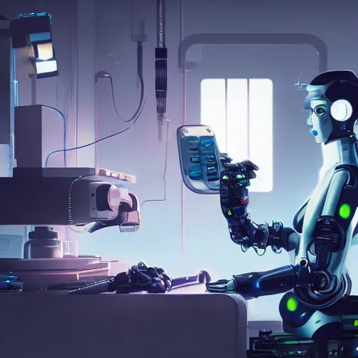 Prompt: cyberpunk robot repairing an android in a lab, concept art, fine details, Anime, cinematic lighting, ghost-in-the-shell,