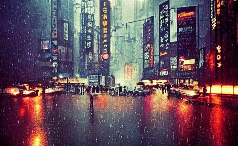 Image similar to Lumière Autochrome, rain falling on Neo-Tokyo 20XX