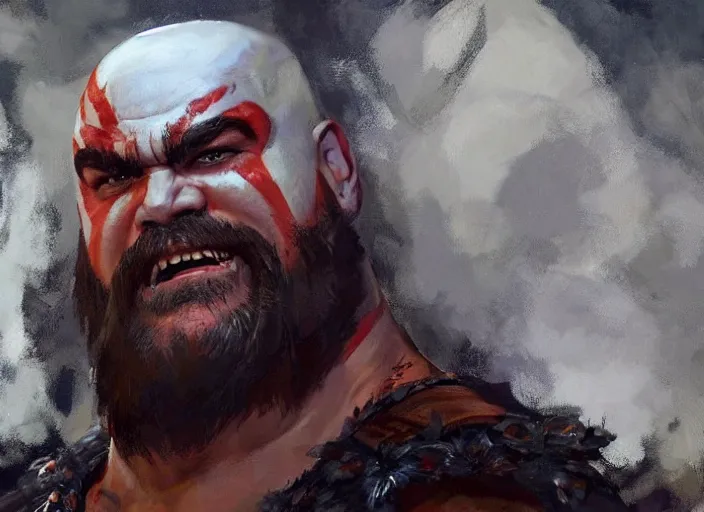 Image similar to a highly detailed beautiful portrait of jack black as kratos, by gregory manchess, james gurney, james jean