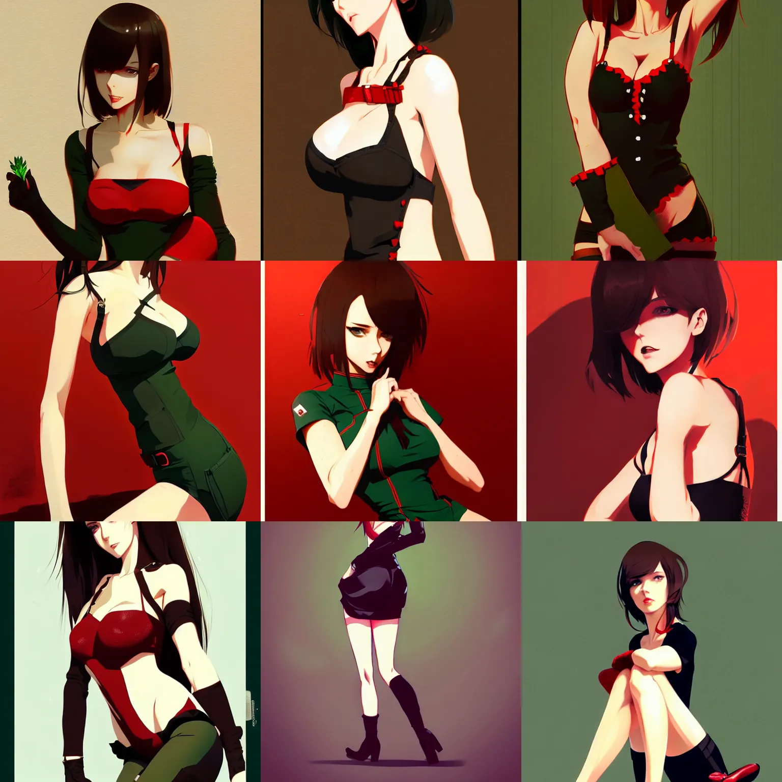 Prompt: sexy woman with brown hair and green eyes, wearing a camisole and boots, red and black color palette, in the style of and ilya kuvshinov and greg rutkowski, high quality anime artstyle, intricate