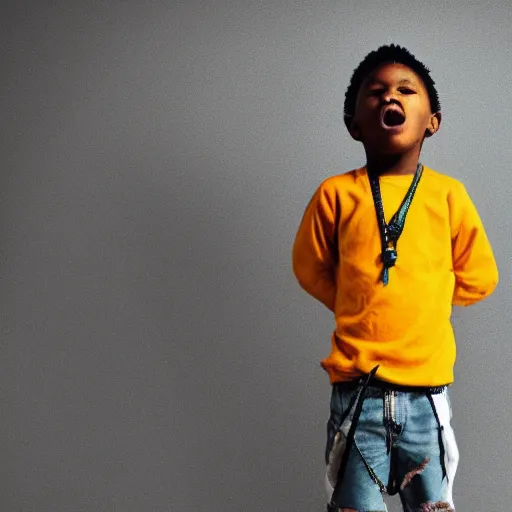 Prompt: a little kid rapping about violent things, award - winning photograph