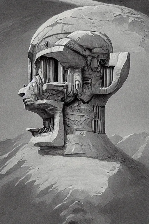 Prompt: House looking like a human head by Bonestell, Chesley