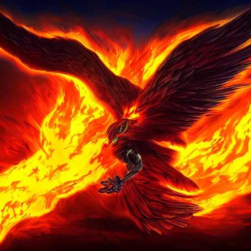 Image similar to angry phoenix bursting apart into a large fireball to burn human bandit enemies, digital painting, dramatic lighting, deviantart contest winner