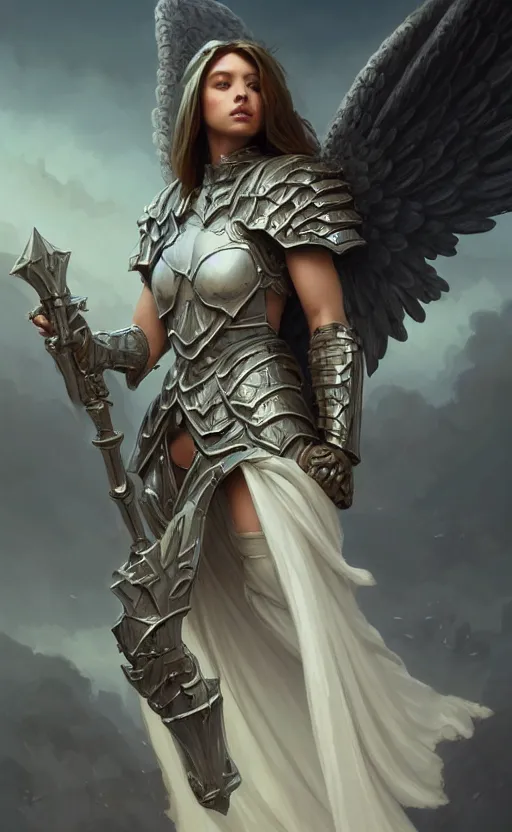 Image similar to angel, full armor cloth, full body portrait, gentle, female, dark ruins landscape, d & d, fantasy, intricate, elegant, highly detailed, digital painting, white gold color palette, artstation, octane render, concept art, matte, sharp focus, illustration, hearthstone, art by artgerm and greg rutkowski and alphonse mucha