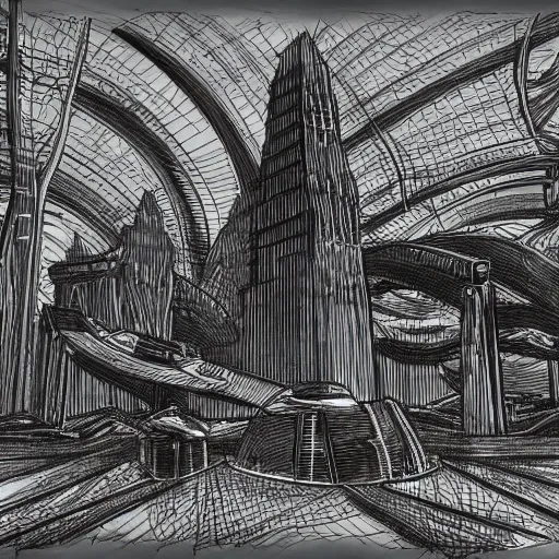 Image similar to a black pen sketch of a futuristic martian civilization, solarpunk