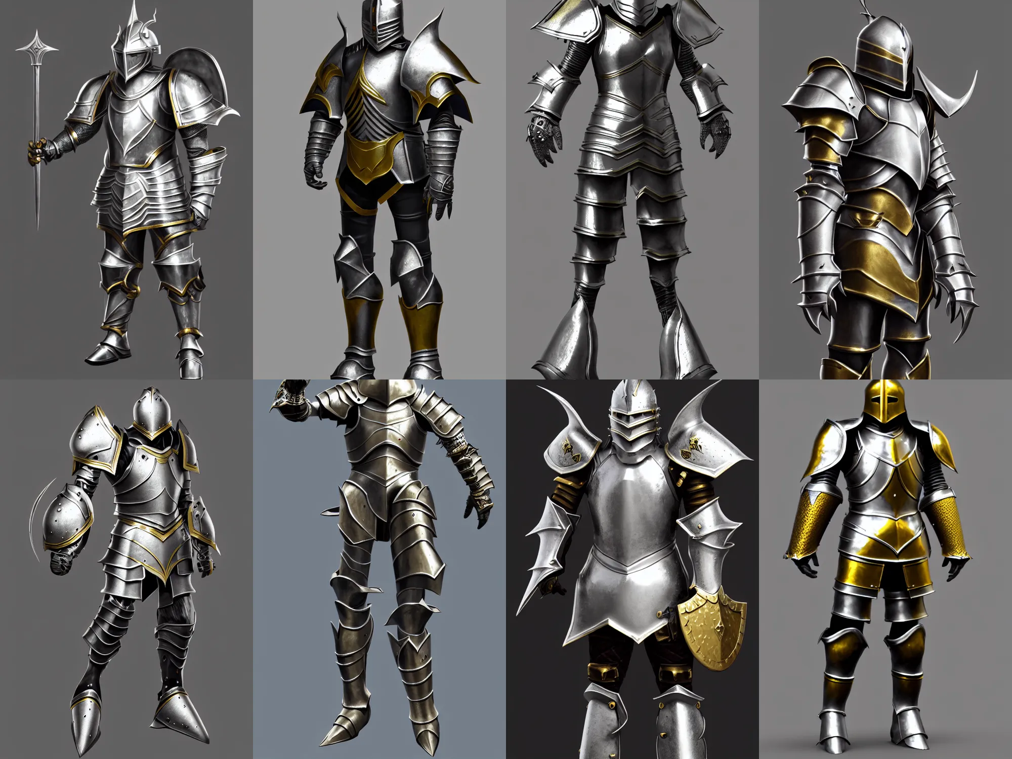 Prompt: render of fantasy knight armor, silver with gold trim, huge stylized pauldrons, medieval fantasy, extremely clean, flat shading, exaggerated proportions, trending on Artstation, character concept art, HD Octane render, 8k