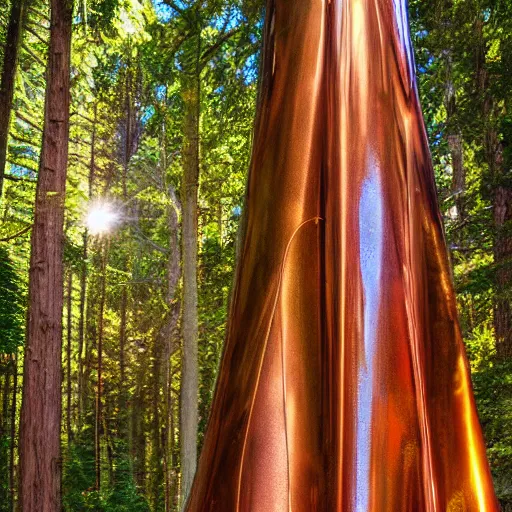 Image similar to polished copper treehouse strange attractor sculptures and geometric shadows, tall redwood forest, twilight, by robert maguire, charles o. perry, zack snyder, featured on deviantart, intricate, excited, wide - angle, kodak ektar