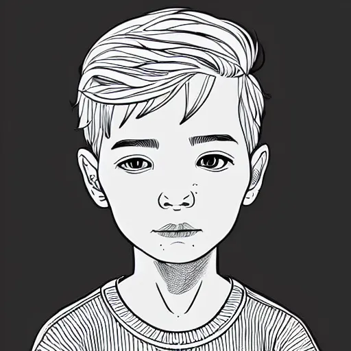 Image similar to clean simple line art of a little boy with short hair. no background. well composed, clean coloring book page, beautiful detailed face. coloring book line art by josan gonzalez