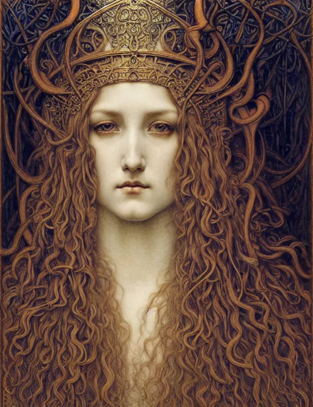 Image similar to detailed realistic beautiful young medieval queen face portrait by jean delville, gustave dore and marco mazzoni, art nouveau, symbolist, visionary, gothic, pre - raphaelite. horizontal symmetry