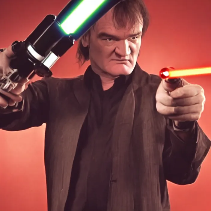 Image similar to quentin tarantino giving upvote with a lightsaber, giving thumbs up. without characters. black background. cinematic trailer format.