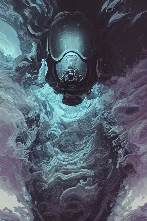 Prompt: close up shot of a full body floating astronaut smoke elemental fading into white smoke, high contrast, james gurney, peter mohrbacher, mike mignola, black paper, mandelbulb fractal, trending on artstation, exquisite detail perfect, large brush strokes, bold blacks and pinks and blues tones, intricate ink illustration, black background