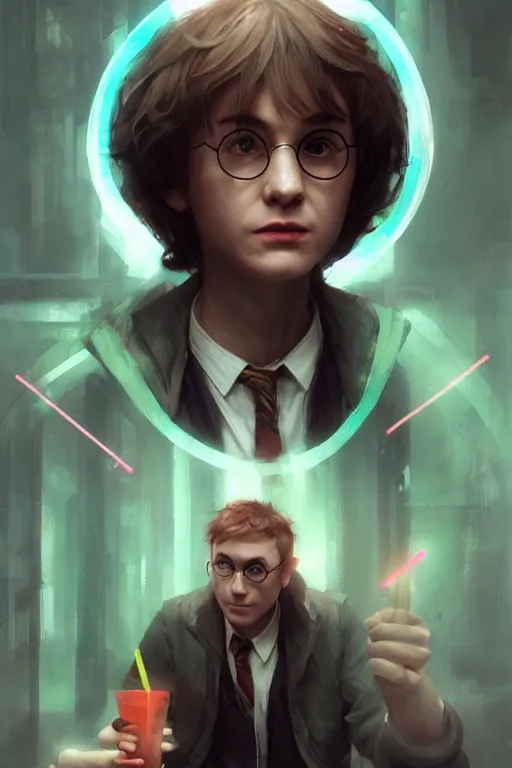 Prompt: Harry Potter in cyberpunk, implants, neon lighting, digital art from artstation by Ruan Jia and Mandy Jurgens and Artgerm and william-adolphe bouguereau and Greg Rutkowski