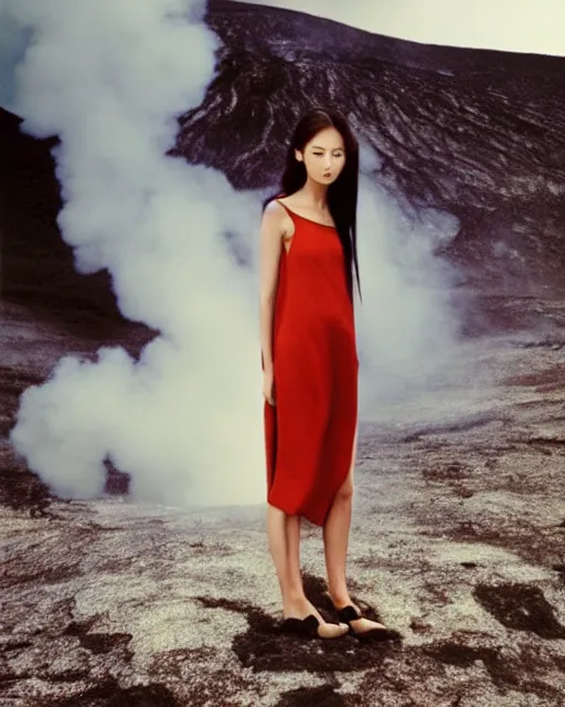 Prompt: high fashion photography of an elegant chic young woman with model looks like Chie Yamano and long straight hair, she is wearing a minimalist simple dress, intense expression, at the edge of an active volcano caldera spewing magma, by Steven Meisel and Chris Cunningham