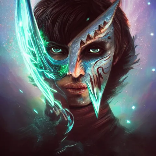 Image similar to Very very very very highly detailed mystic, enigmatic, strange portrait of a phantom warrior with galaxy, roses, shark's teeth by Mozart, intricate, extremely detailed, digital painting, artstation, concept art, smooth, sharp focus, illustration, intimidating lighting, incredible art,