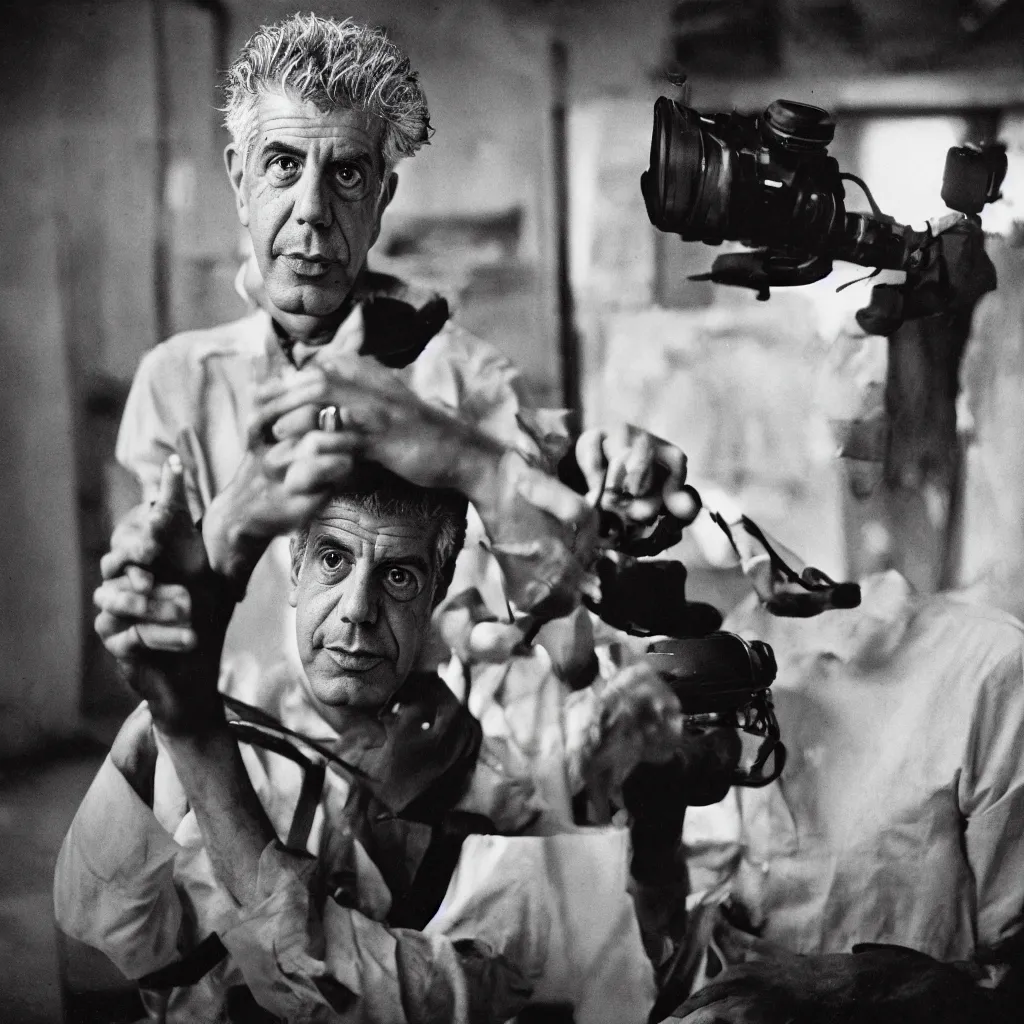 Image similar to studio portrait photo of Anthony Bourdain by Steve Mccurry, 50mm, pentax, film