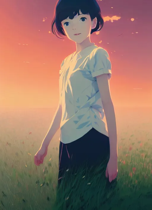 Image similar to portrait of a smiling girl by ilya kuvshinov, cloudy sky background lush landscape ln illustration concept art anime key visual trending pixiv by victo ngai fanbox by greg rutkowski makoto shinkai takashi takeuchi studio ghibli