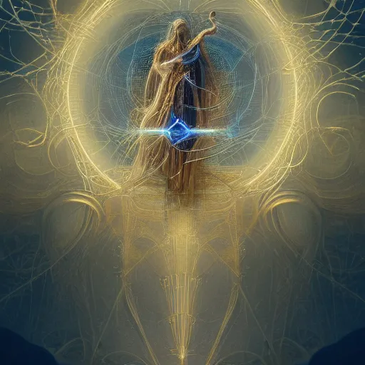 Prompt: A beautiful surreal illustration of the human faith ,very thin tendrils of gold,quartz balls, light pulse, highly detailed, cinematic light, lasers, atoms, blue light, liquid,windblow, Ellen Jewett, Doug Chiang, Gustave Dore, Leonardo da Vinci, trending on Artstation, industry, lucid and intricate, rectilinear, digital art, Octane, redshift, vray,8k, 64 megapixels, ZBrush Central, behance HD, hypermaximalist,well rendered:1:1:1