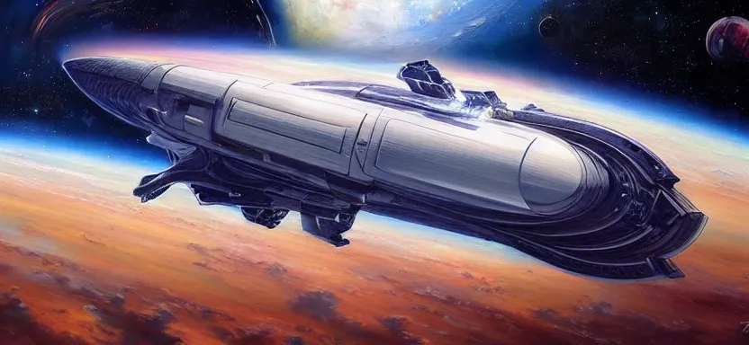 Image similar to beautiful masterpiece painting of spaceship in space, Gallante Thantos Carrier, by juan ortiz 8k