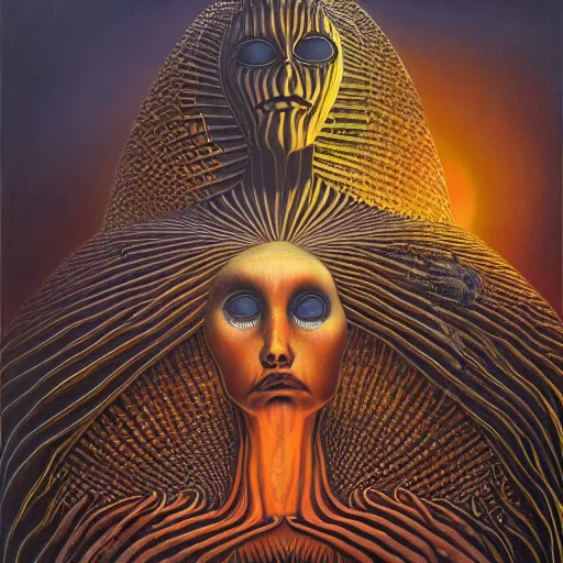 Image similar to THE QUEEN OF THE SUN by jacek yerka, alex gray, zdzisław beksiński, dariusz zawadzki, jeffrey smith and h.r. giger, oil on canvas, 8k highly professionally detailed, trending on artstation