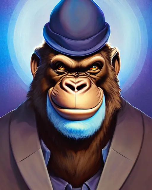 Image similar to don bluth, loish, artgerm, joshua middleton, steampunk, clockpunk anthropomorphic gorilla, full blue suit, smiling, symmetrical eyes symmetrical face, colorful animation forest background