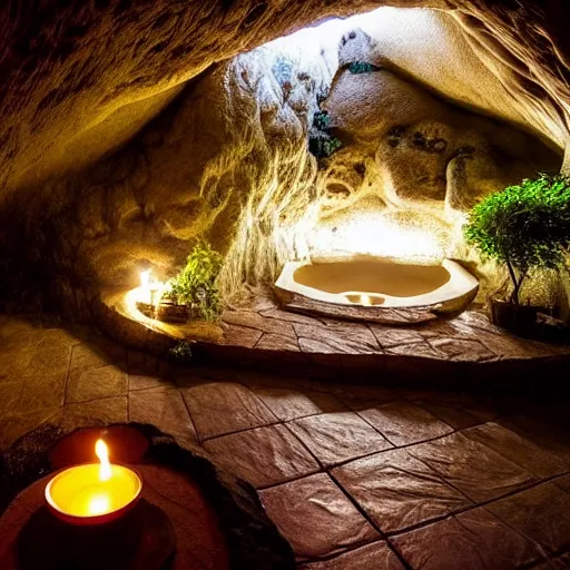 Prompt: cozy bathhouse hidden in a cave, candlelight, low ceiling, towels, cushions, natural light, lush plants and flowers, elegant, intricate, fantasy, atmospheric lighting,