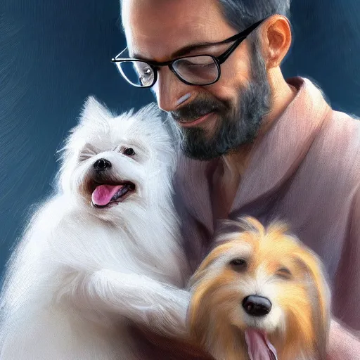 Prompt: friendly french man wearing glasses hugging a small fluffy white dog while eating a croissant, fantasy, high detail, elegant, digital painting, cinematic lighting, vibrant, intricate, textured skin, highly detailed, artstation, sharp, focus, hdr, unreal engine 5, breathtaking, illustration, anna dittmann, ilya kuvshinov, nikolay makovsky