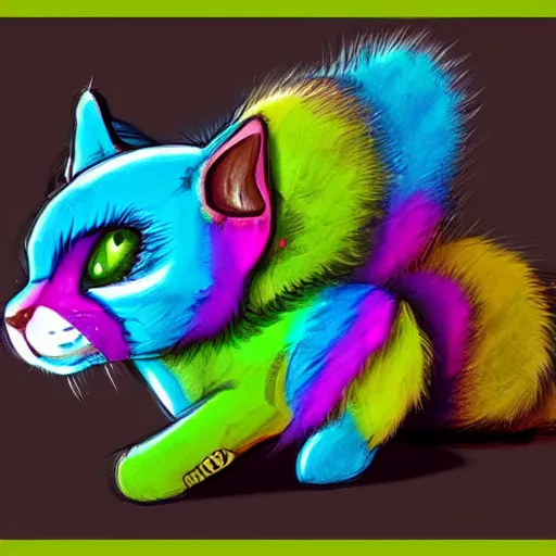 Image similar to wide angle full body, of a fluffy cute rainbow kitten wearing a black motorcycle jacket, concept art