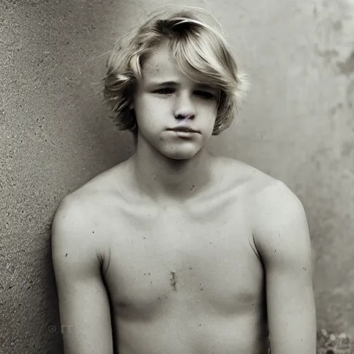 Image similar to Portrait of a sad looking teenage boy, around 20 yo, natural blonde hair and smooth pale skin. Fisher net tank top, Award winning photograph.