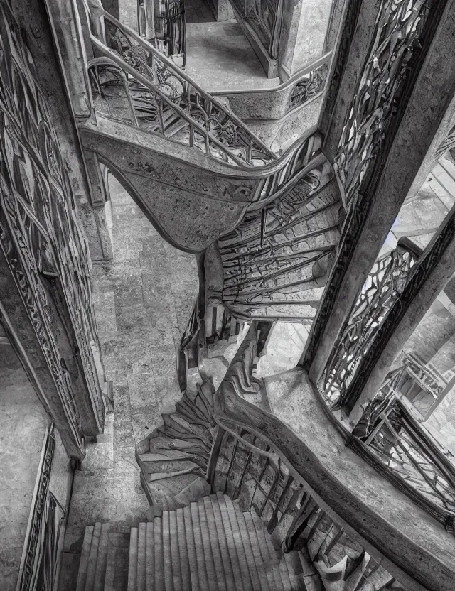 Image similar to looking down a staircase in the style of gothic brutalist architecture hyper detailed photorealistic hd 8 k post - processing high resolution