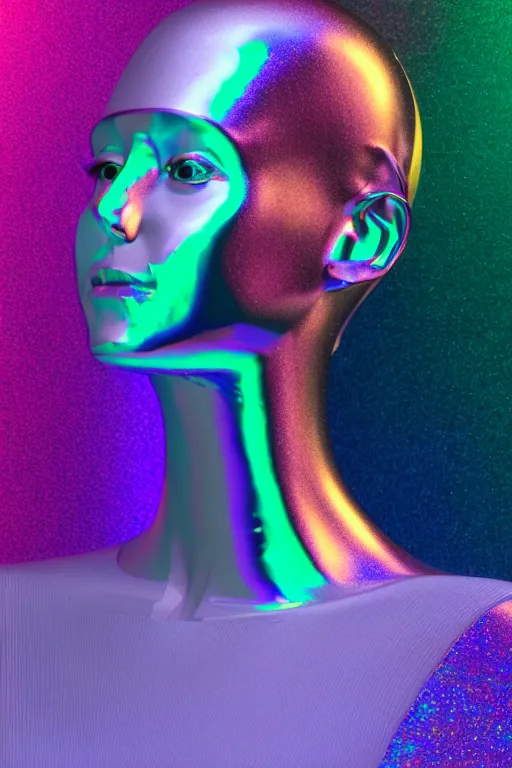 Image similar to 3d render of holographic human robotic bust made of glossy iridescent, bust, surrealistic 3d illustration of a human non-binary, non binary model, 3d model human, cryengine, made of holographic texture, holographic material, holographic rainbow, concept of cyborg and artificial intelligence