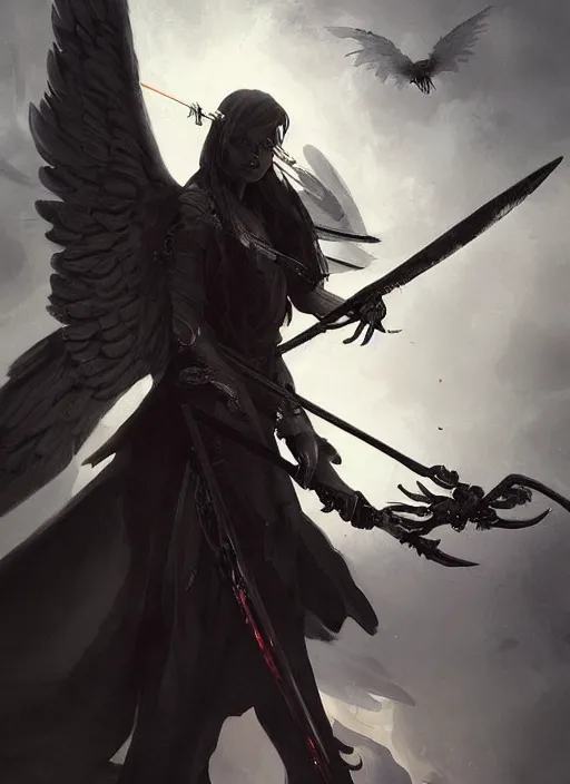 Image similar to a portrait of a beautiful angel of death with black wings holding a large scythe by marco bucci and greg rutkowski, sharp focus, detailed, cinematic, closeup