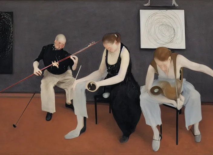 Image similar to two young violin players concentrating, francis bacon and pat steir and hilma af klint and james jean, psychological, intriguing details, unreal 5, altermodern
