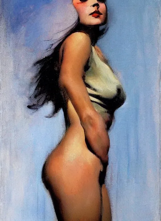 Prompt: painting of a young woman art frank frazetta