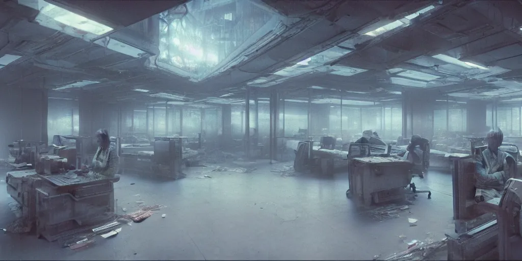 Image similar to a dystopian cyberpunk office interior with huge holographic displays everywhere, beksinski and syd mead cinematic matte painting, 4 k