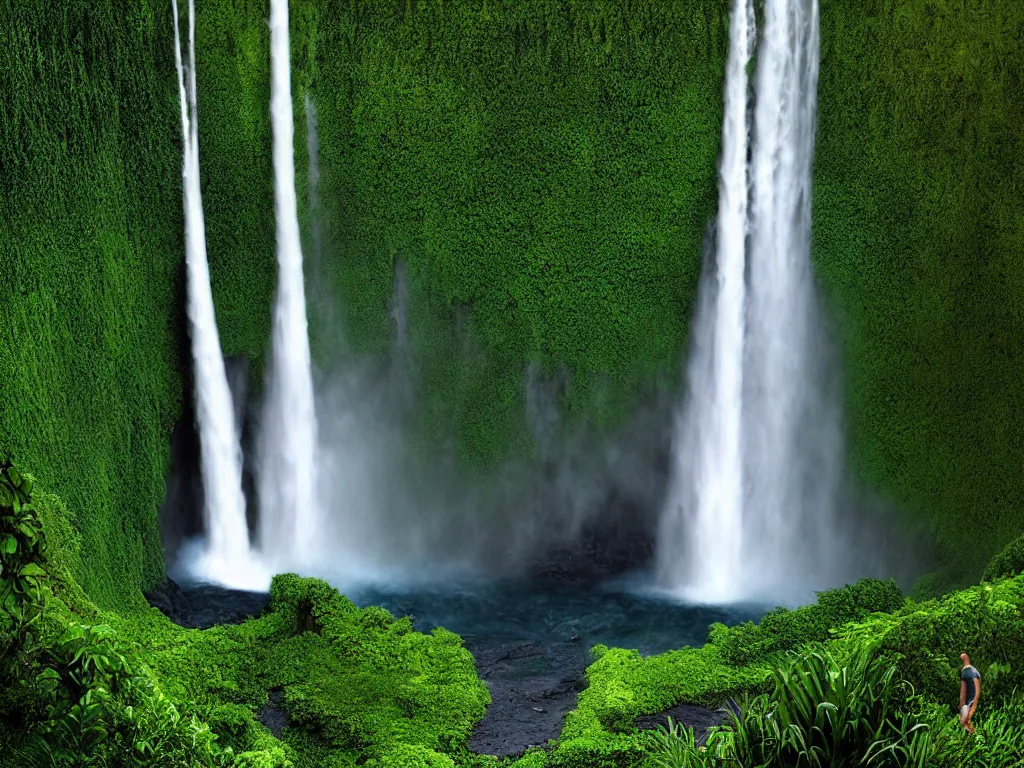 Image similar to akaka falls, maui, view from ground by daniel f. gerhartz and matt stewart, fantasy, photorealistic, octane render, unreal engine, dynamic lighting, perfect, trending on artstation, poster, volumetric lighting, cinematic lighting, hyper realism, high detail, intricate, 4 k, masterpiece