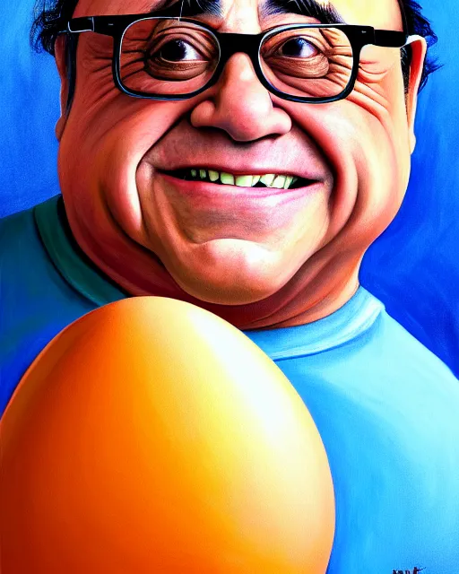 Image similar to painting portrait of danny devito as an egg, cartoon, warm lighting, danny devito has an egg body, movie poster, illustration by bartek fedyczak, erak note, tooth wu, neil richards, kan liu, siwoo kim, jisu choe, trending on art station