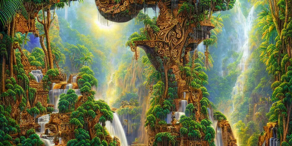 Image similar to visionary art, tropical eastern waterfall valley, with great birds, rich geometry, precise and incredibly highly detailed intricate 8 k wallpaper, john stephens, intricate stunning award winning masterpiece trending on artstation