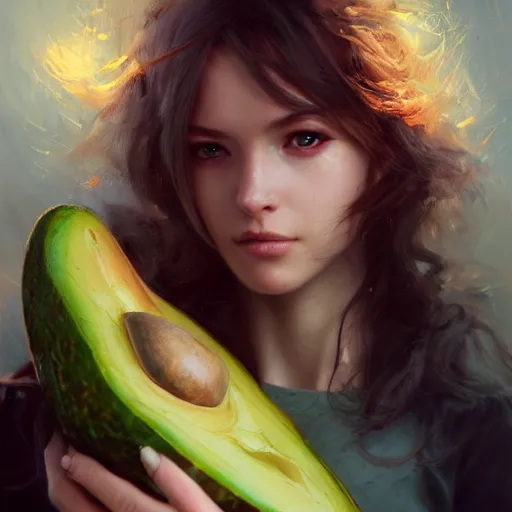 Image similar to lauren walsh lovingly cradling an avacado, fullbody, ultra high detailed, oil painting, greg rutkowski, charlie bowater, yuumei, yanjun cheng, lauren walsh, unreal 5, daz, hyperrealistic, octane render, rpg portrait, dynamic lighting, fantasy art, beautiful face