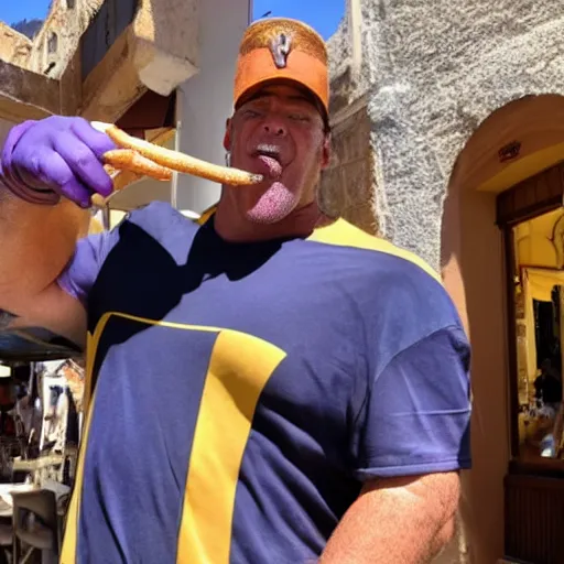 Image similar to thanos from marvel mcu eating a churros at a bar in tharros ( sardinia )