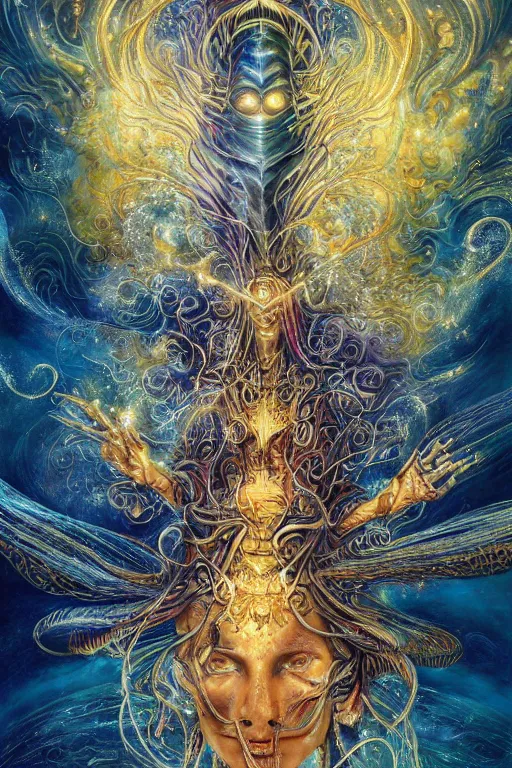 Prompt: a golden wizard with a detailed robe with beautiful eyes coming from a tumultuous mist of nebula gas, various color scheme by android jones , alex gray, Karol Bak, Ayami Kojima, Amano