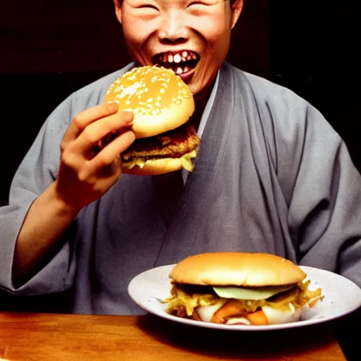 Image similar to a photo of a ecstatic man from qing empire eating a hamburger, award winning photo, high quality