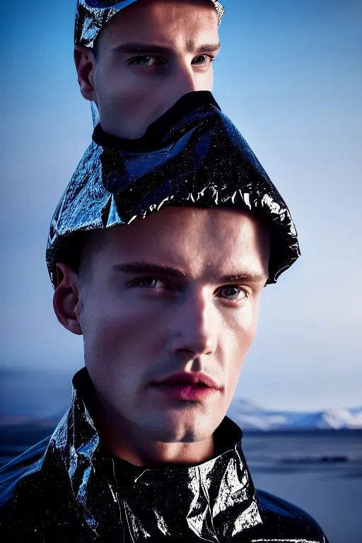 Image similar to an ultra high definition professional high fashion portrait studio full length photograph of a male model wearing a transparent pearlescent raincoat and neon visor in an icelandic black rock environment at dawn. no artefacts. extremely detailed. stark. refraction. shallow depth of field. volumetric light and shadow. ray tracing. light rays.