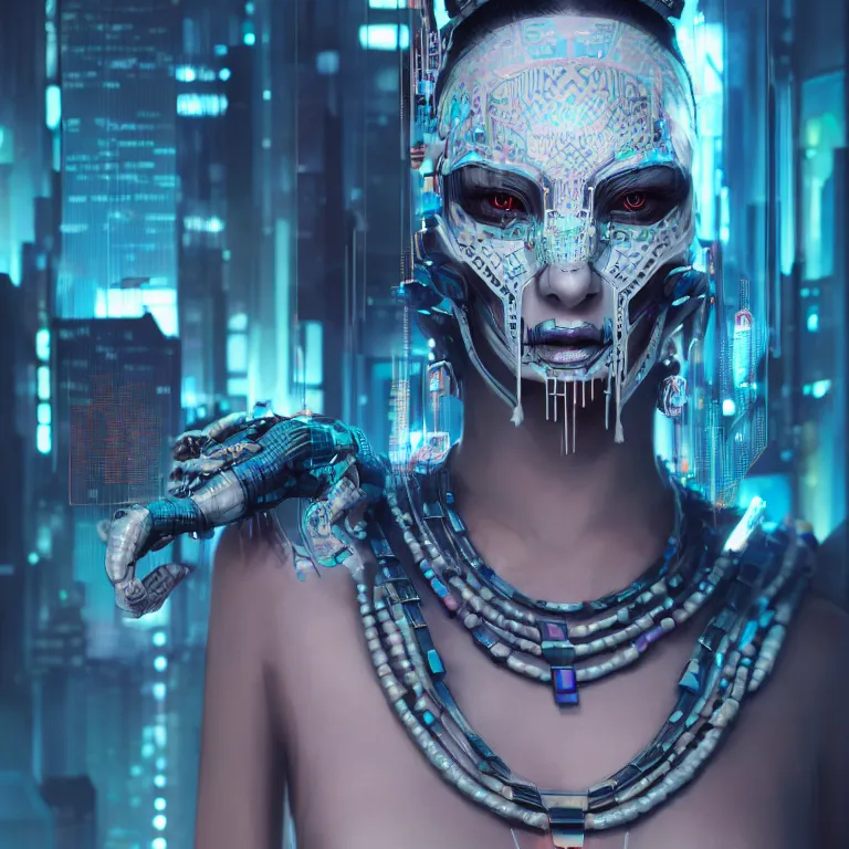 Prompt: futuristic cyberpunk tribal aprincess in skull mask symmetrical artwork by Tooth Wu and wlop and beeple. octane render, trending on artstation, greg rutkowski very coherent symmetrical artwork. cinematic, hyper realism, high detail, octane render, 8k