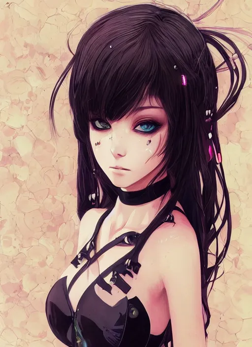 Image similar to portrait of beautiful young gothic anime maiden in bikini armor, cute-fine-face, pretty face, realistic shaded Perfect face, fine details. Anime, cyberpunk, highly detailed, artstation, illustration, art by Ilya Kuvshinov and Gustav Klimt