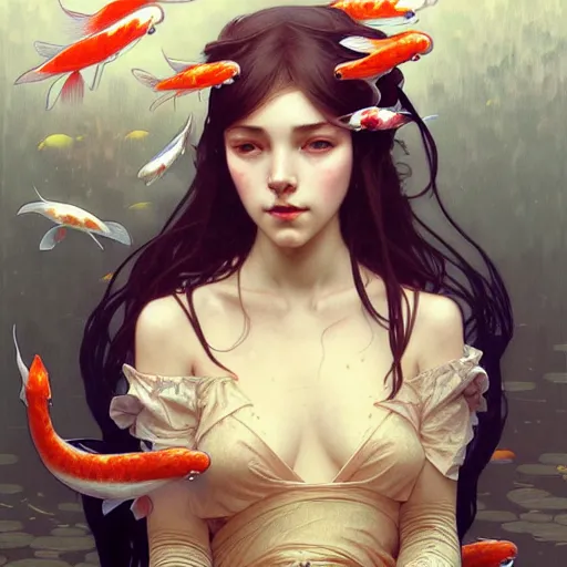 Image similar to Portrait of a girl surrounded by Koi fish, face, fantasy, intricate, elegant, highly detailed, digital painting, artstation, concept art, smooth, sharp focus, illustration, art by Krenz Cushart and Artem Demura and alphonse mucha