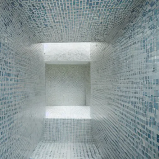 Image similar to photo of a bizarre oddly-shaped interior covered by ceramic white tiles with shallow water everywhere