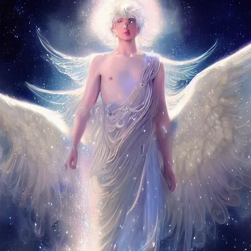 Prompt: portrait harmony of white haired angel beautiful yoongi wearing sparkly shiny greek clothes, muted colors, nebula background, neon sparkles everywhere, big wings, dynamic hair movement, + + + + dynamic pose, holographic space, glowing effect, j. c leyendecker, by alan lee, wlop! illustrated by starember, fantasy art by craig mullins